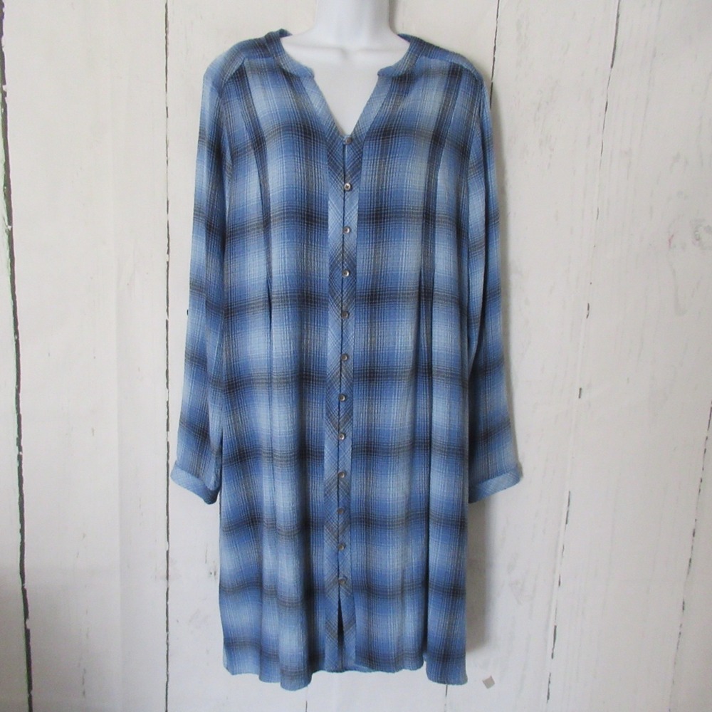 J Jill Dress L Blue Plaid Shirt Midi Long Sleeve Roll Tab Button Up